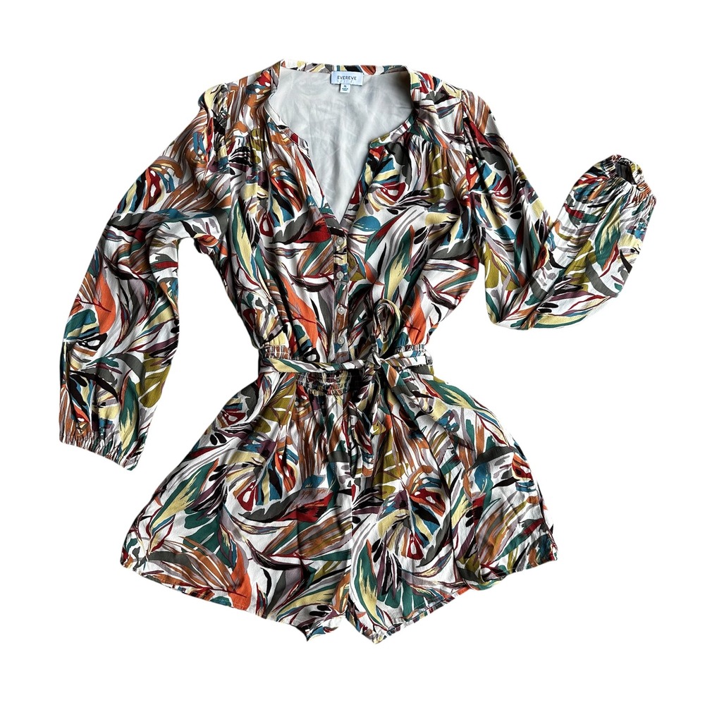 Evereve Romper Shorts Abstract Botanical Long Sleeve Smocked Waist Pockets XL